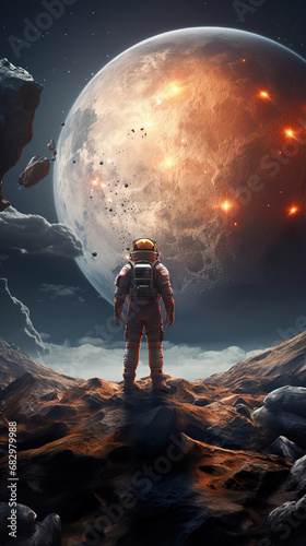 astronaut in front of a planet standing in a surface. Generative Ai