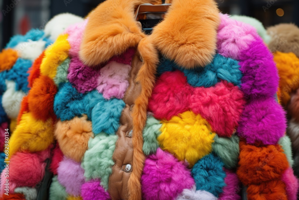 A stunning multicolored fur coat is displayed on a mannequin. This fashionable coat is perfect for adding a pop of color and style to any outfit.