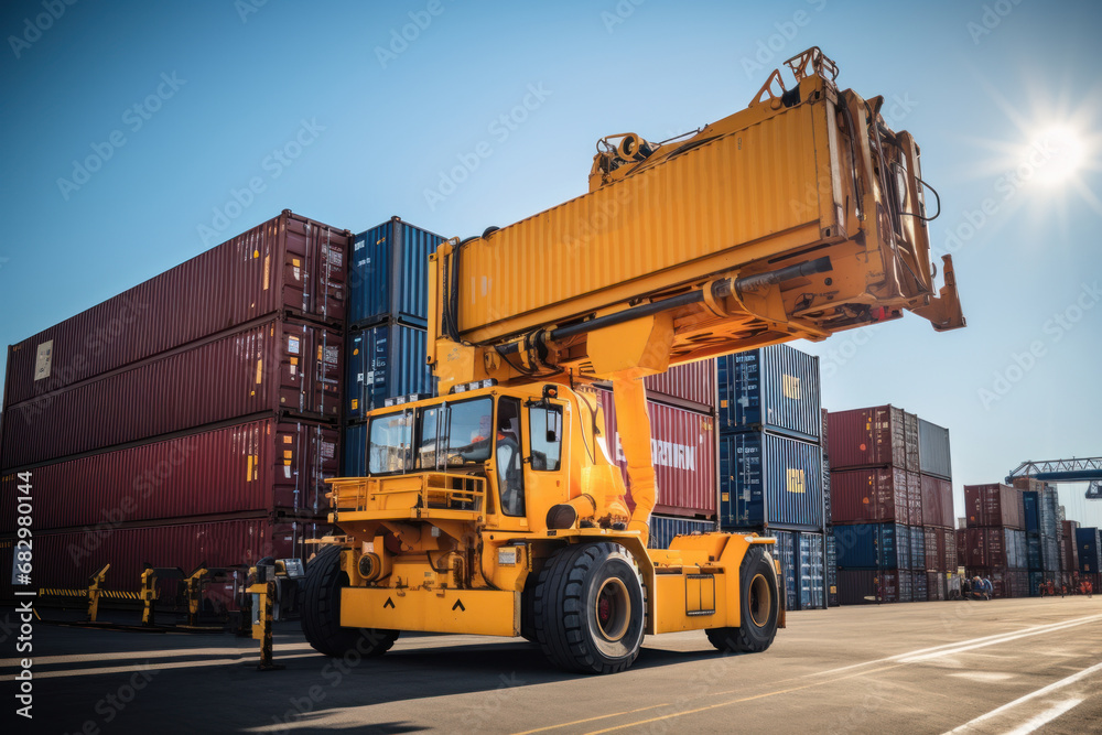 Reach stacker truck heavy lifting equipment at container yard.