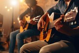 A group of people sitting down and playing guitars. This image can be used to depict a band practice, a music lesson, or a casual jam session.