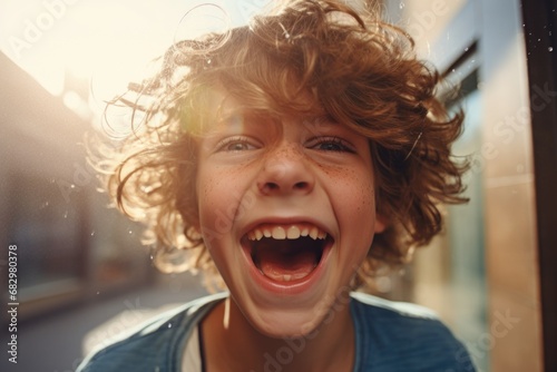 A joyful young boy with curly hair is captured in a moment of laughter. 