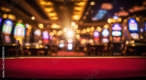 Casino-themed setting with red tabletop gambling surface; perfect for gaming promotions.