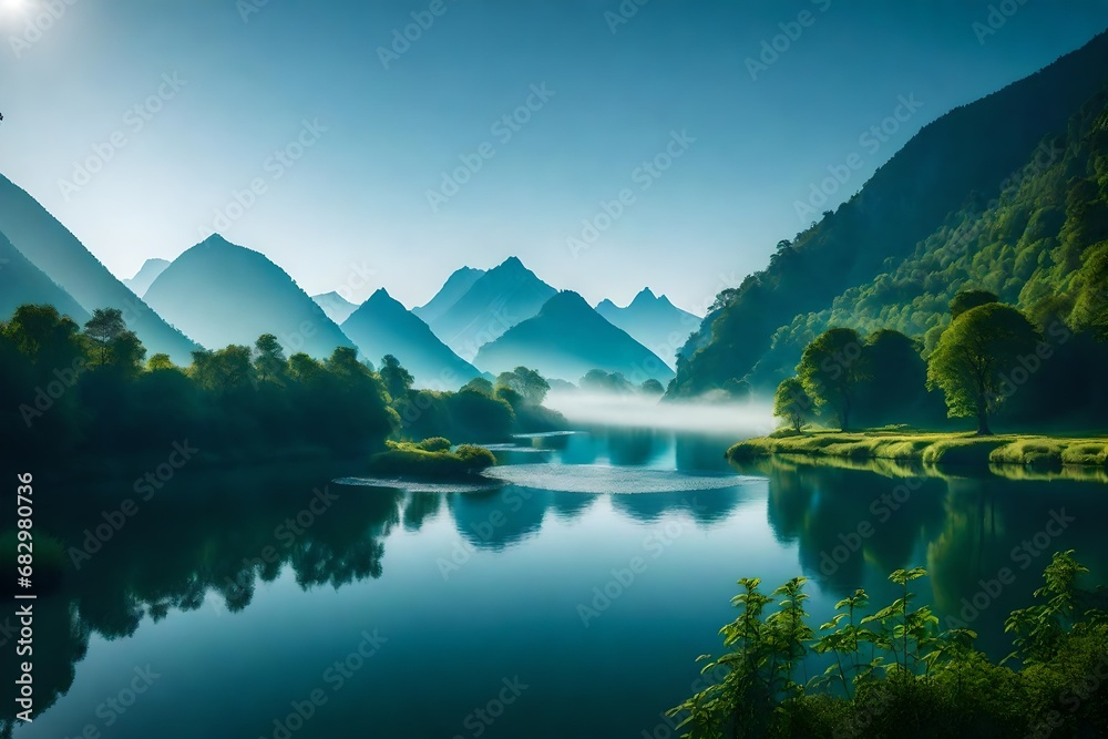 A river meanders through the lush green mountains, its crystal-clear waters glistening in the soft, golden sunligh