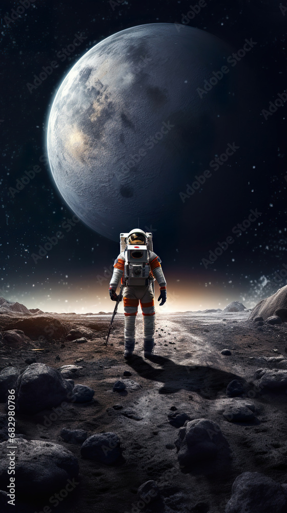 Obraz premium astronaut in front of a planet standing in a surface. Generative Ai