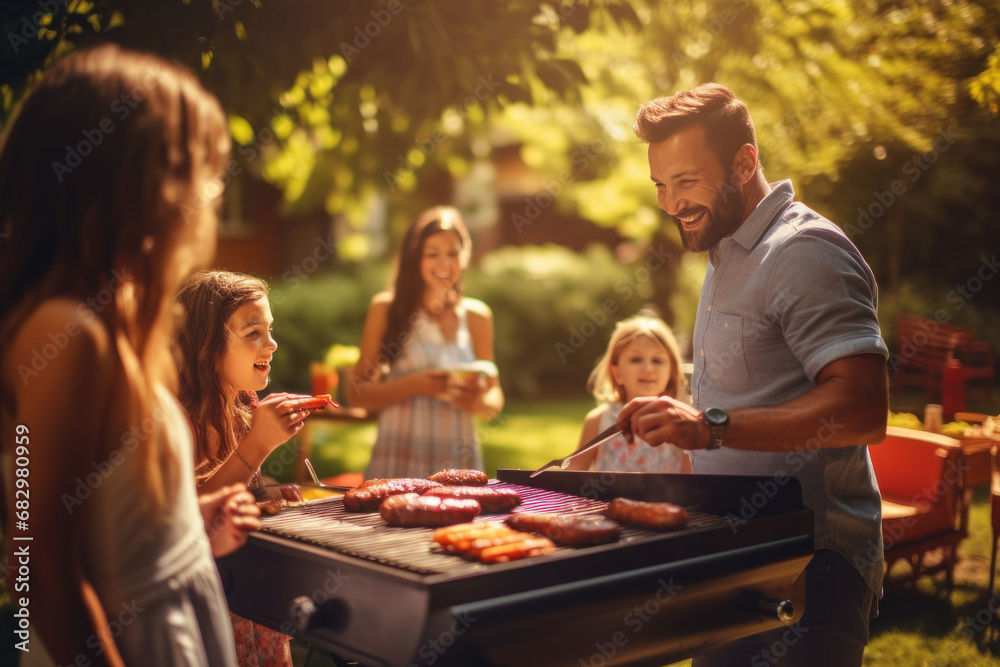 Holiday party family group spending time with friends outdoors grilling food and barbecuing.