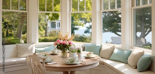 A charming breakfast nook with a built-in bench, a round table, and a bay window