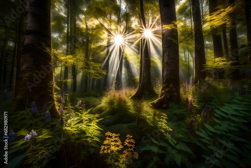 Sunbeams breaking through the thick canopy  spotlighting a patch of vibrant wildflowers in the heart of the forest.