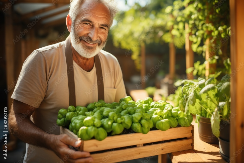 Senior man working in hydroponic farm holds a box full of green oak. Senior man working in hydroponic farm holds a box full of green oak.