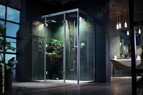 A modern bathroom featuring a glass shower enclosure and a potted plant. This image can be used to showcase contemporary bathroom designs or to highlight the calming ambiance of a spa-like atmosphere photo