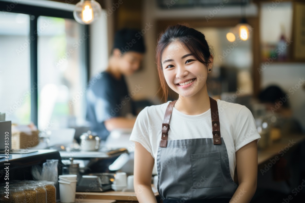 Young Asian woman coffee shop employee barista working at cafe. Young Asian woman coffee shop employee barista working at cafe.