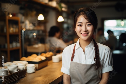 Young Asian woman coffee shop employee barista working at cafe.