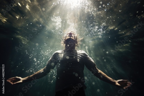 A man stands in the water with his arms outstretched. This image can be used to depict freedom, relaxation, or a connection with nature