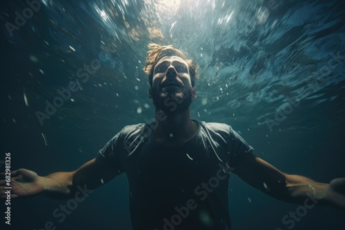 A man wearing a black shirt is submerged underwater