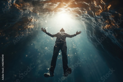 A man in a suit floating in the water. This image can be used to depict relaxation, swimming, or even a business metaphor for going with the flow