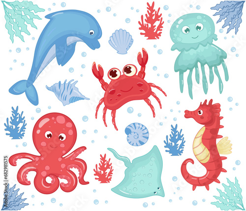 Sea animals cute set isolated on white background. Vector illustration of octopus, stingray, jellyfish, crab, dolphin, seahorse, turtle, seashells. Cartoon style for children. Marine life, sea world. © Liliy