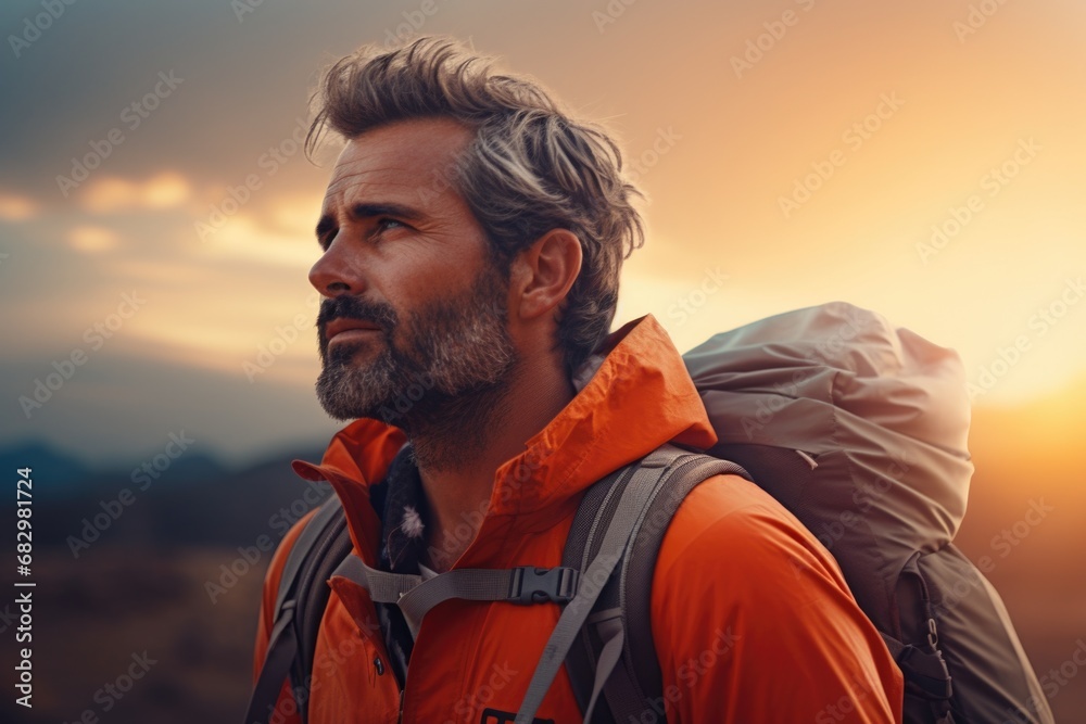 A picture of a man wearing an orange jacket and carrying a backpack. Suitable for outdoor and adventure-themed projects A picture of a man wearing an orange jacket and carrying a backpack. Suitable for outdoor and adventure-themed projects