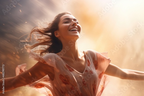 A woman standing with her arms stretched out in the air. This image can be used to represent freedom, joy, or success in various projects or concepts photo