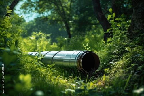 A pipe laying in the middle of a forest. Can be used to represent construction, infrastructure, or environmental themes