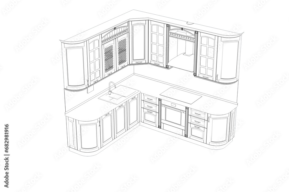 Kitchen interior furniture isolated on a white background, outline illustration, sketch