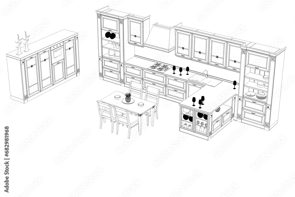 Fototapeta premium Kitchen interior furniture isolated on a white background, outline illustration, sketch