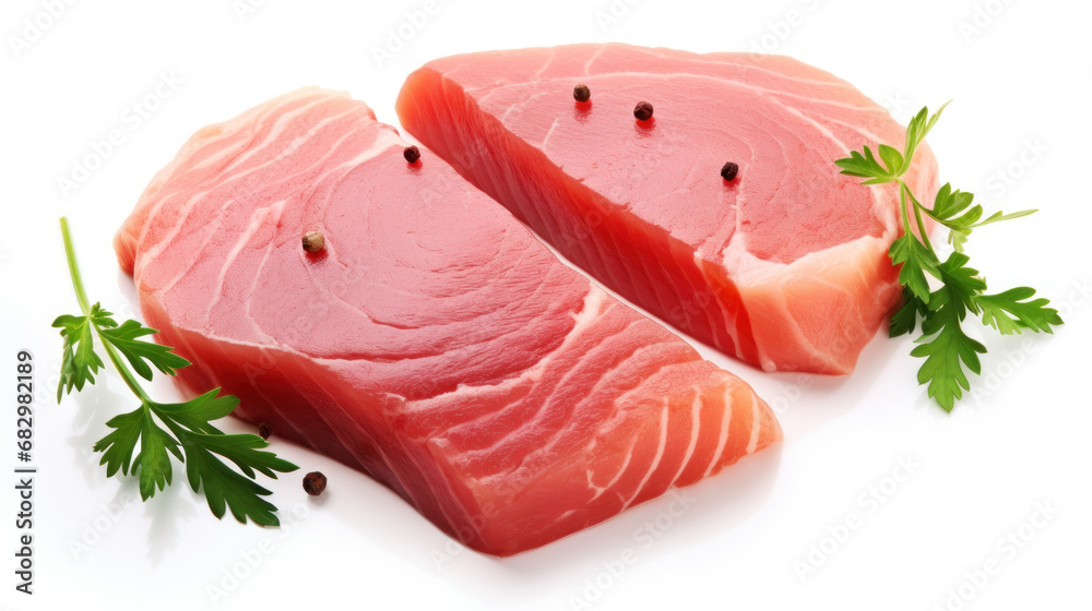 Raw fish fillet that is fresh tuna steak Garnish with parsley isolated on white background Raw fish fillet that is fresh tuna steak Garnish with parsley isolated on white background