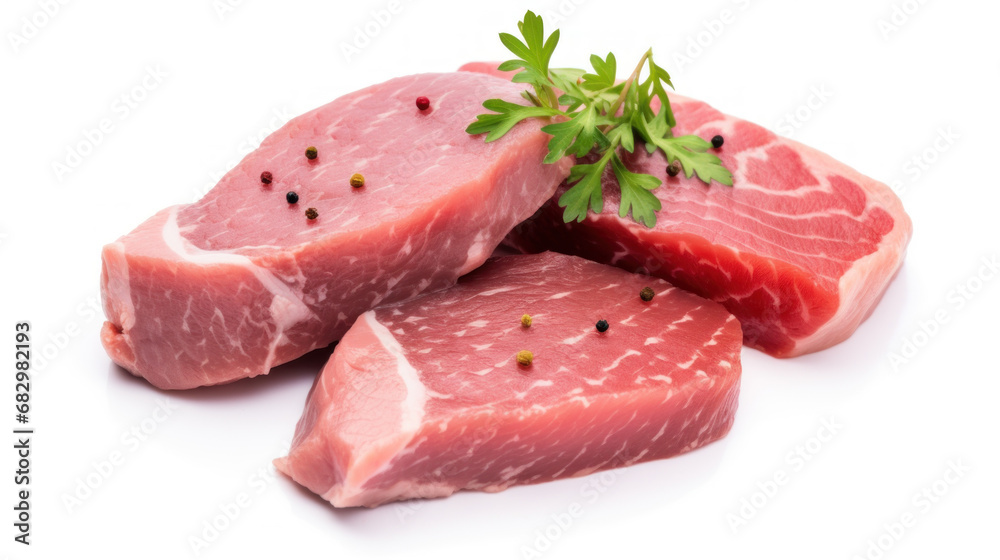 Raw fish fillet that is fresh tuna steak Garnish with parsley isolated on white background Raw fish fillet that is fresh tuna steak Garnish with parsley isolated on white background