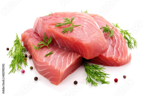 Raw fish fillet that is fresh tuna steak Garnish with parsley isolated on white background