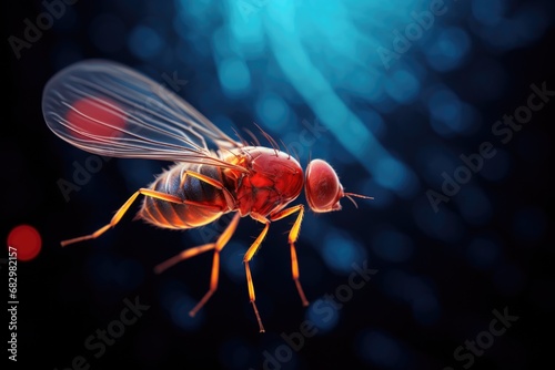 A close up of a fly on a blue background. This image can be used in articles, websites, or educational materials related to insects, nature, or macro photography