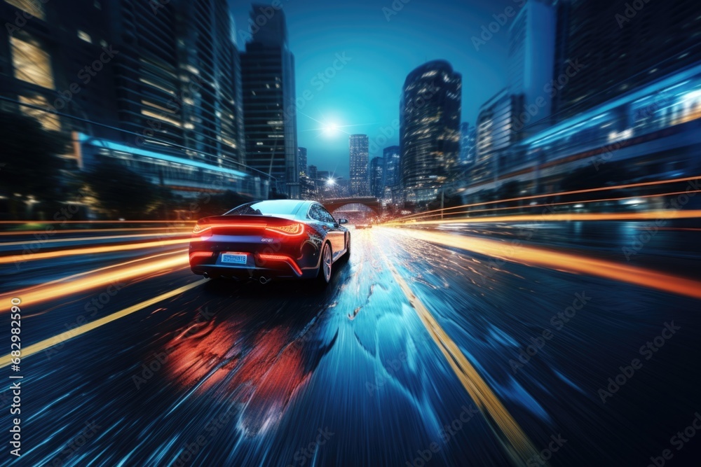 A picture of a car driving down a city street at night. This image can be used to depict urban life, nightlife, transportation, or cityscapes
