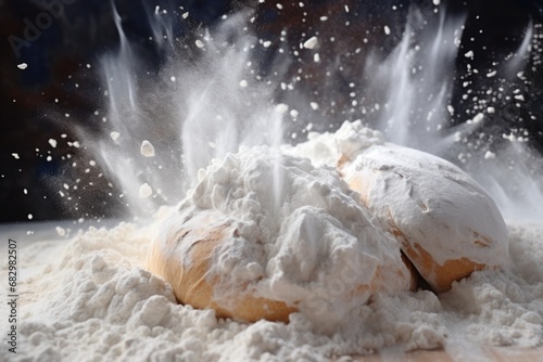 A close-up image of a doughnut being sprinkled with a fine layer of powdered sugar. 