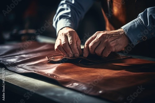 A close-up shot of a person cutting a piece of leather. This image can be used in various contexts, such as crafting, DIY projects, or leatherworking tutorials