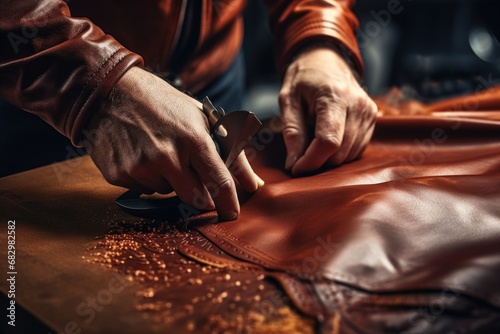 A close-up view of a person cutting a piece of leather. This image can be used in various projects and industries that involve leatherworking and craftsmanship © Ева Поликарпова