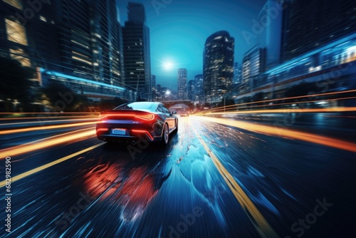 A picture of a car driving down a city street at night. This image can be used to depict urban life, nightlife, transportation, or cityscapes
