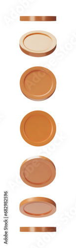 3D render set of brazen coins. Bronze metal money for business, economy, banking, casino. Vector illustration of wealth. Realistic investment in cartoon clay style. Cash symbol. Payment Element