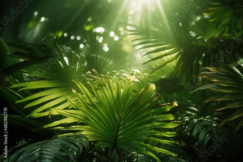 The picture shows the sun shining through the leaves of a palm tree. This image can be used to depict a tropical or sunny environment
