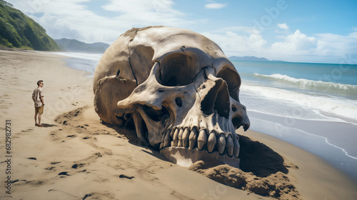 Giant skull washed up on a tropical beach, in front of a man watching this surreal scene © mozZz
