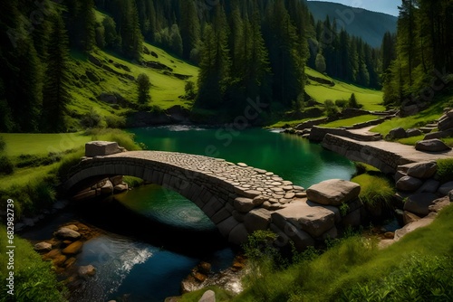 A rocky bridge over a river in a green field photo