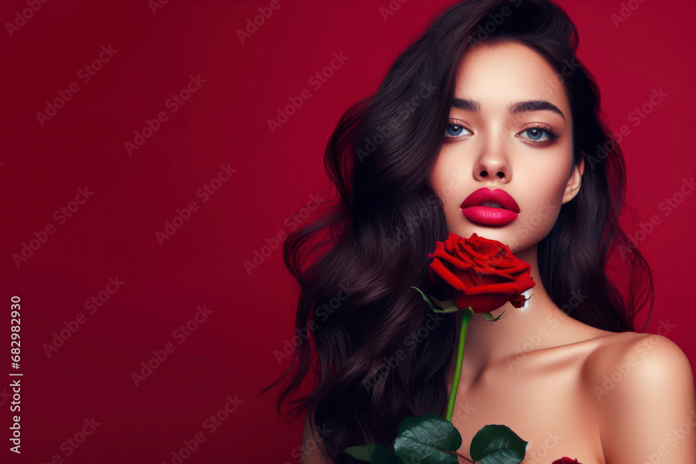 Beautiful young woman with red lips holding a red rose on red background. ai generative - obrazy, fototapety, plakaty 
