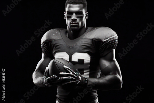 Black and white photorealistic studio portrait of an American football player on black background. ai generative