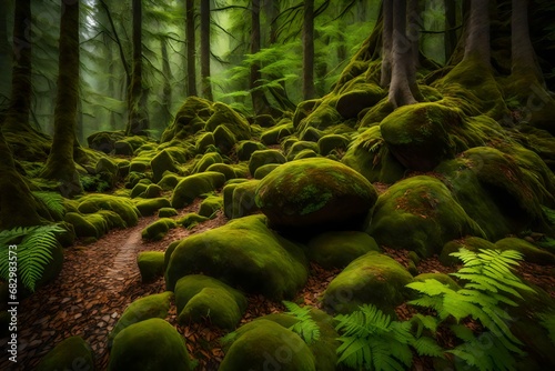 Moss-covered rocks surrounded by vibrant ferns, hinting at the lushness of the spring forest.