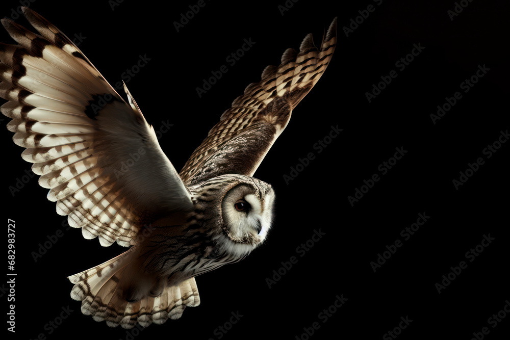 Fototapeta premium enchanting owl in flight showcasing its silent and predatory motion isolated on black background. ai generative