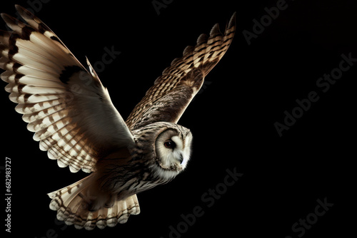 enchanting owl in flight showcasing its silent and predatory motion isolated on black background. ai generative