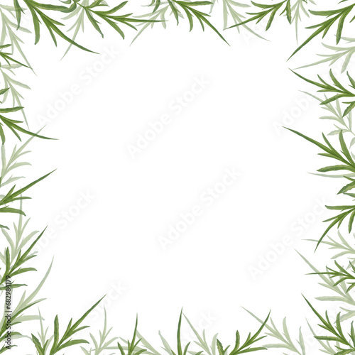 Fototapeta Naklejka Na Ścianę i Meble -  Green watercolor leaves and branches square wreath, hand drawn botany frame Template for wedding invitation or cards, vector background.