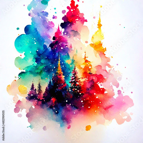 Watercolor christmas tree and snowflakes on watercolor background