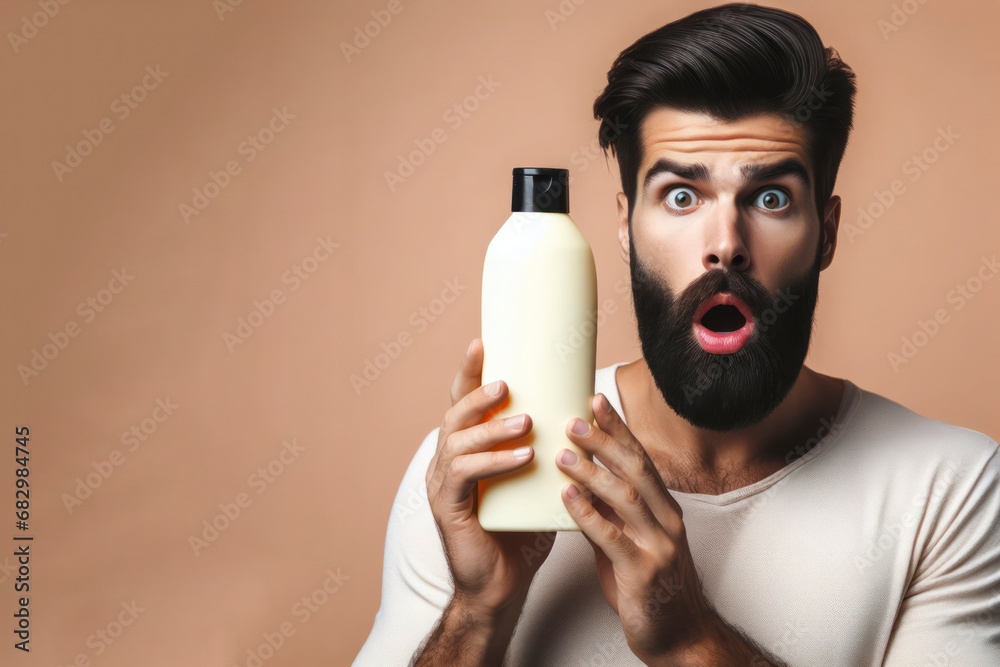 surprised man hold shampoo in his hands on solid color background. ai generative surprised man hold shampoo in his hands on solid color background. ai generative