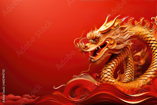 Chinese New Year red background with 3d  gold glowing dragon with large copyspace area
