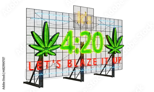 Canvastavla A 3D-rendered rusty steel grid panel featuring the typo It's 4:20, let's laze it up crafted from neon signs