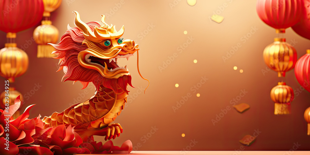 Chinese New Year red background with 3d 
gold glowing dragon with large copyspace area