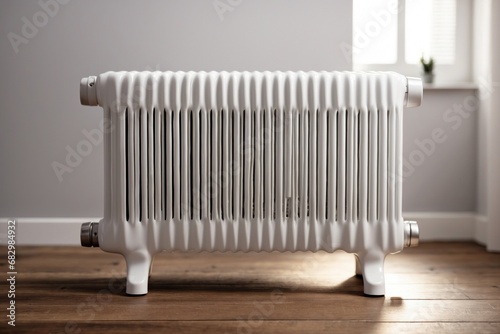 Wallpaper Mural white heating radiator on wooden floor with white blanket. ai generative Torontodigital.ca
