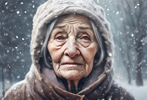 Portrait of an old woman in the winter